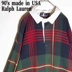 90s希少USA製ラルフローレンタータンチェックニットジャカードラガーシャツL緑