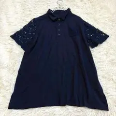 y7043 美品✨ドッキング 半袖ポロシャツ 2XL 大きいサイズ レース 濃紺