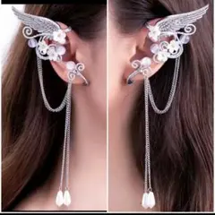 翼と花のシルバーイヤーカフ イヤリング コスプレ 人魚 妖精 マーメイド 可愛い