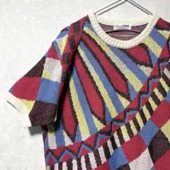 デザインニット　総柄　ヴィンテージ　レトロ　アート　奇抜　薔薇色　マルチ　半袖