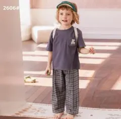 ハピネス[パジャマセット] 子供用2606#/グレー &チェックズボン110cm