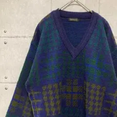 古着　デザインニット　セーター　幾何学模様　総柄　Vネック　パープル　Ｌ