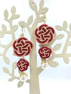 【水引】梅結びの2連ピアス 桃②*値下げ