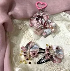 «766»女の子♡3点セット*髪飾り*キーホルダー*ハート型国際ピンクパール