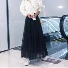 チュールスカート　ブラック　ロング丈　フレア　フリーサイズ　シアー　レース　透け