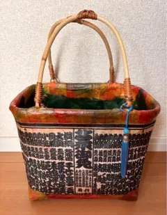 一閑張り 一閑張りバッグ 大相撲 相撲番付表 和風 黒白文様 かごバッグ