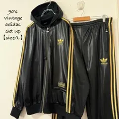 90s★adidas/アディダス★ジャージ上下セットアップ★ブラック/黒金★L