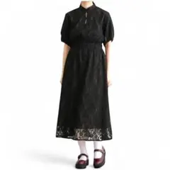 merlot plus チャイナボタン 総レース ワンピース ドレス ブラック