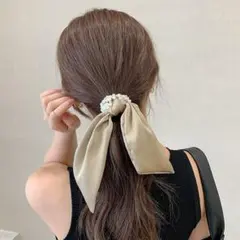 ベージュ　ヘアゴム　リボン　パール　ヘアアクセサリー　韓国　2way　お洒落