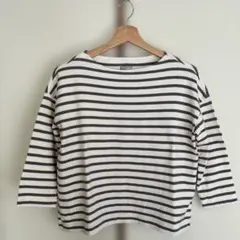 【美品】無印良品 ボートネック 七分袖 ボーダーTシャツ グレー XS-S