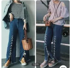 MURUA ムルーア レースアップデニム ワイドパンツ カーブデニム