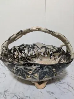 手付籠 乱山窯造風 旺玄作風 共箱付 茶道具 菓子器 竹文透かし鉢