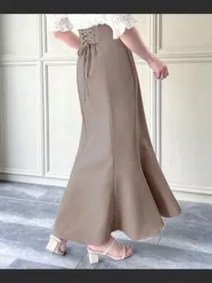 JUNOAH ハイウエストレースアップマーメイドスカート モカ