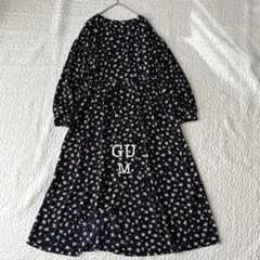 ジーユー ロングワンピース フレア 花柄 ネイビー (M) 上品 総柄