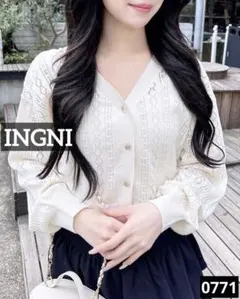 ブ*ル様 0771 INGNI リボン柄パターンメッシュニットカーディガン オフ