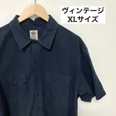 【ヴィンテージ】USAワークシャツ　ネイビー XLサイズ　シンプル　半袖のサムネイル