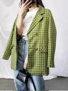 【man様】グリーンチェック ダブルブレストジャケット