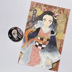 【鬼滅の刃】ポストカード 缶バッジ セット 竈門禰豆子