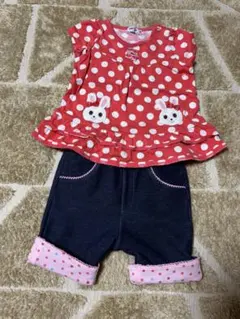 ウサギ刺繍付きドット柄セット 80cm