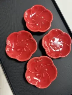 赤い花形豆皿 4枚セット