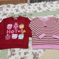 ミキハウス90cmうさぎポケットの赤＆ボーダートレーナー2枚