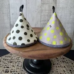● Handmade 三角鍋つかみ ドット 水玉 ネコ ストウブ ルクルーゼ ●