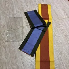 正絹半巾帯 小袋帯 リバーシブル 350㎝ えんじ色×黄色×群青色 着物 浴衣
