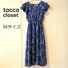 tocco closet ★線画フラワープリントワンピース 紺 M袖フリル