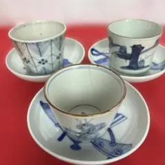 ぎ*ん様 古伊万里　染付蕎麦猪口3種 台皿付