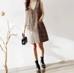 ノースリーブチェック柄ワンピース ジャンパースカート グレー