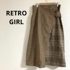 レトロガール レディース 膝丈 ラップスカート ベージュ チェック柄 ベルト付き