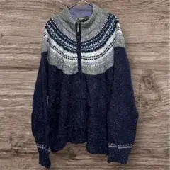 カシミヤ混★エディーバウアー フェアアイル柄ジップニット メンズXL〜2XL 紺