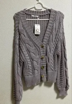 ケーブル編みカーディガン ライトパープル フリーサイズ　新品未使用タグ付き