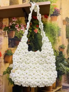 ハンドメイド 白い花モチーフ ショルダーバッグ