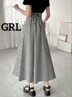 k0593 GRL ギンガムチェック柄バックレースアップフレアスカート ブラック