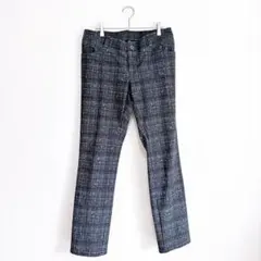 ラエフ　ストレートパンツ　半ウエストゴム　総柄　チェック柄　サラサラ　緑　L