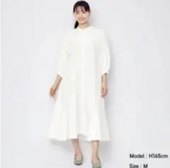バンドカラーシャツワンピース(7分袖) オフホワイト　Lサイズ