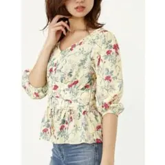 MULHOUSEパフスリーブブラウス　フラワープリントペプラムシャツrienda