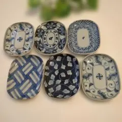 【匿名配送／美品】有田焼　染付　絵変わり小判型豆皿5枚セット 8cm✖10cm
