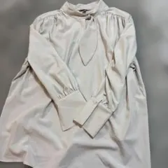 H&M リボン付き長袖ブラウス XL ライトグレー