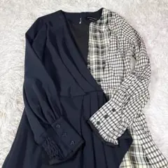 UNITED TOKYO アシンメトリーワンピース長袖1 ネイビーチェック切替