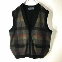 【個性派古着】デザインニットベスト　ボタン　ポケット付き　チェック柄　黒　赤　L