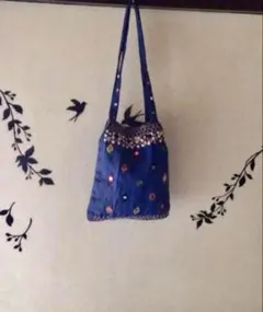 エスニック ショルダーバッグ ミラー刺繍 ブルービーズ アジアン インド