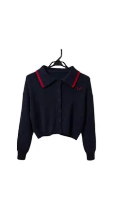 ネイビー 赤い襟付きカーディガン