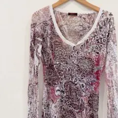 PARTY 花柄 長袖 Vネック カットソー L 透け感　極薄　ビジュー