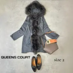 【美品】QUEENS COURT ファーフード付ニットコート 2/S〜M相当