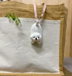 ペキニーズちゃんのキーリール付ストラップ　あみぐるみ　かぎ針編み 犬