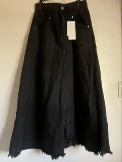 デニム ロングスカート ブラック フリンジヘム