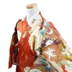 W104 着物 袷 振袖 化繊 洗える着物 花 鳥 オレンジ