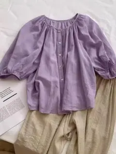 美品 無地＆シンプル 薄手 パフスリーブ ボタン ラウンドネック ブラウス